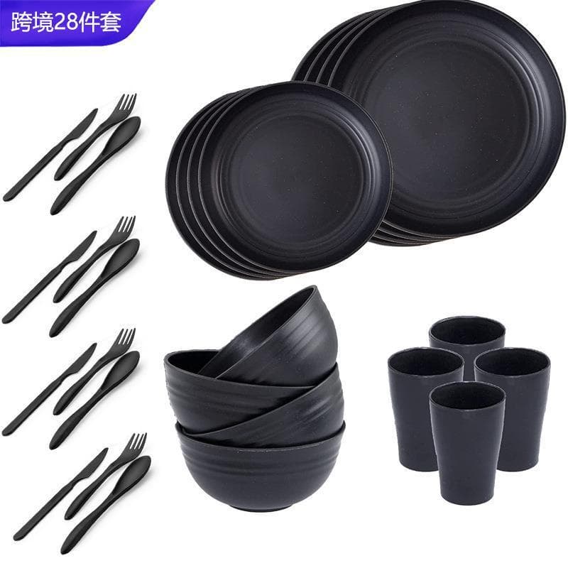 Black Wheat Bowl Cup Plate Knife Fork Spoon Tableware Set Cross-Border Hot Selling Wheat Black Camping Tableware 28-Piece Set