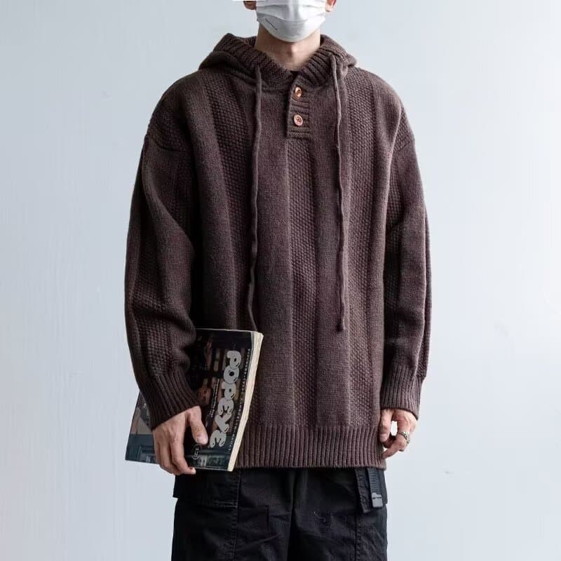 Workwear American Vintage Hooded Knit Sweatshirt Men 2024 Loose Pullover Knit Casual Coat Autumn Winter Trend