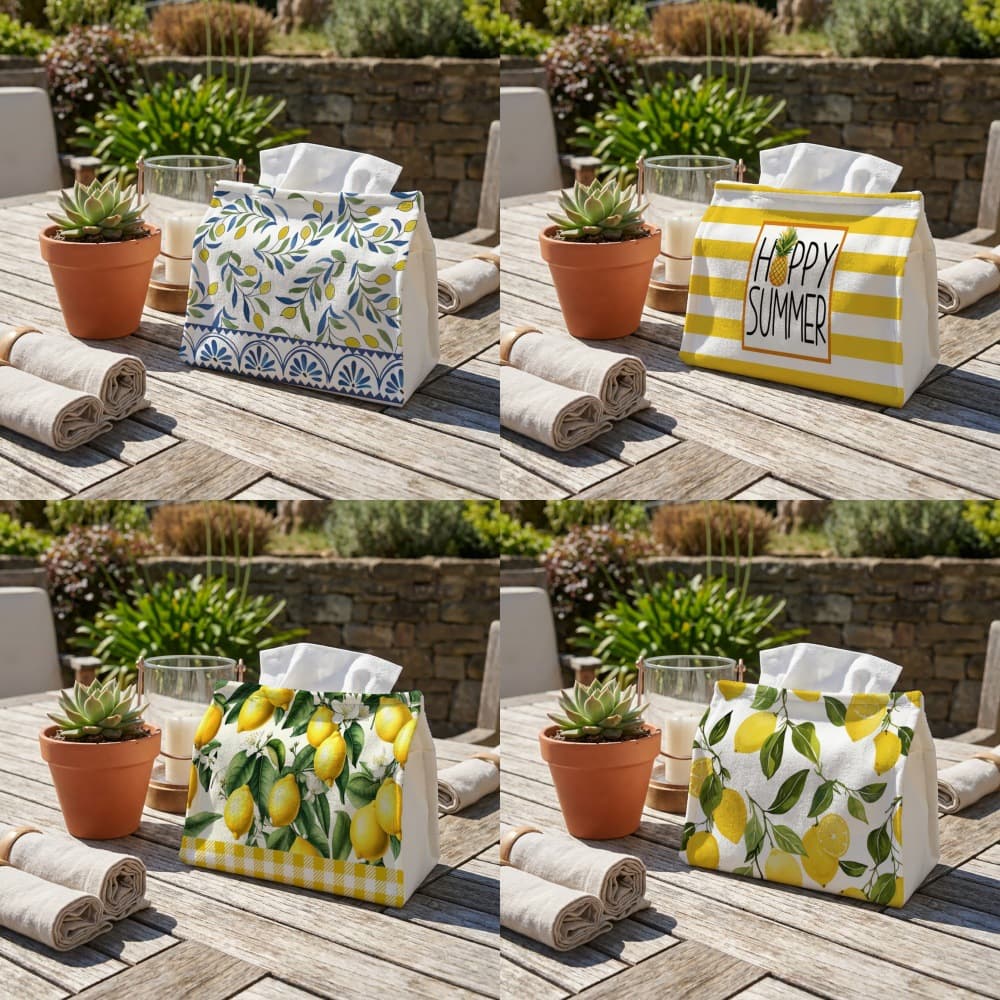 Spring and Summer Fresh Tissue Box with Lemon, Sunflower, Cherry Blossom, and Eucalyptus Leaf Decor for Living Room, Kitchen, and Bathroom