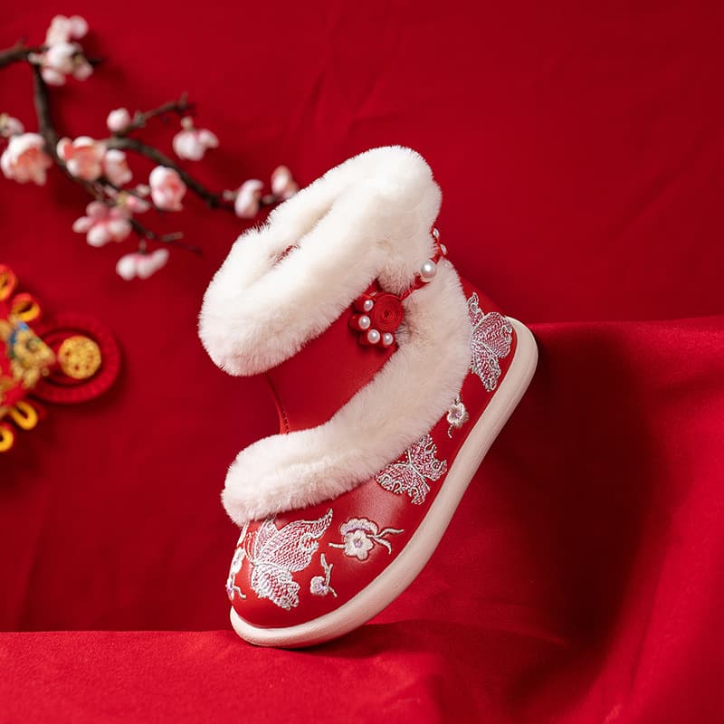 Girls' Shoes Hanfu Shoes New Year Winter Ancient Style Children's Boots Autumn/Winter Horse Face Skirt Ancient Wind Plush Lined Cotton Shoes National Style