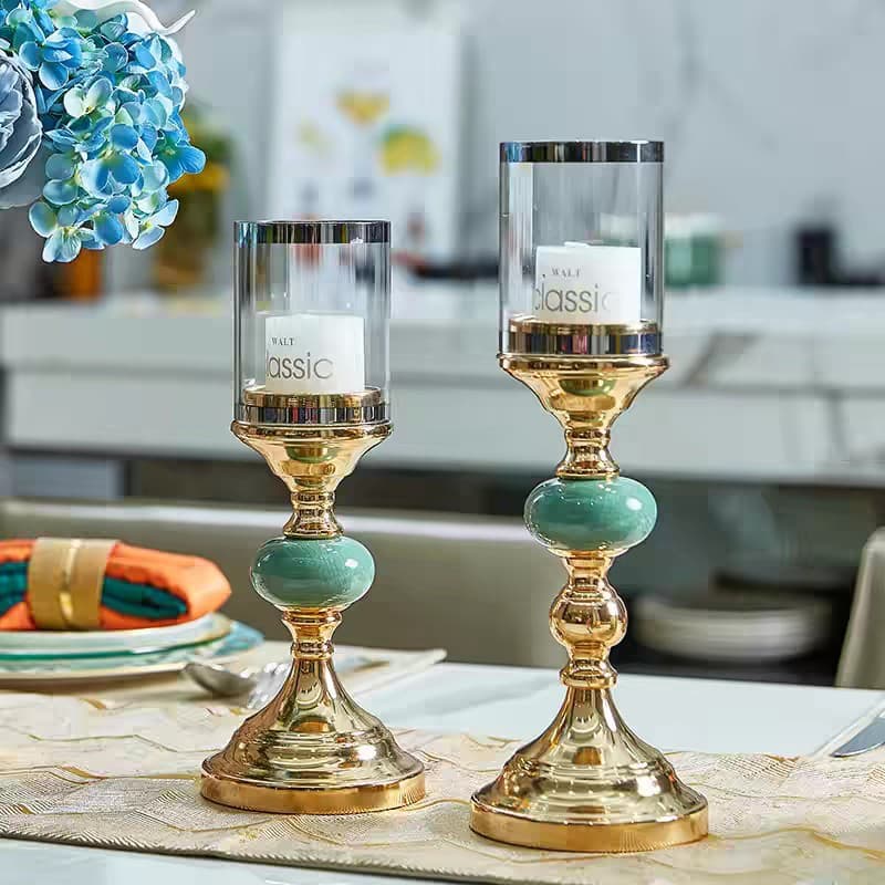 Simple European Nordic light luxury golden candle holder home living room entrance dining table ice cracked blue ceramic creative candle holder