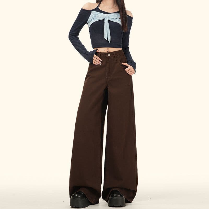 Coffee Maillard Color Tone Back Pocket Button Design Autumn Winter Wide-Leg Straight Jeans for Women