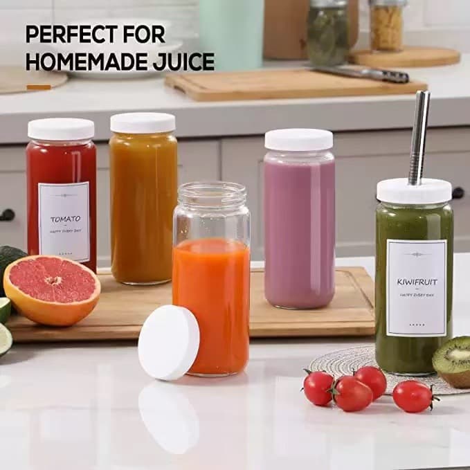 Amazon Cross-border 16oz Thick Transparent Glass Juice Bottle, Large Capacity Beverage Bottle, Cold Drink Cup with Straw