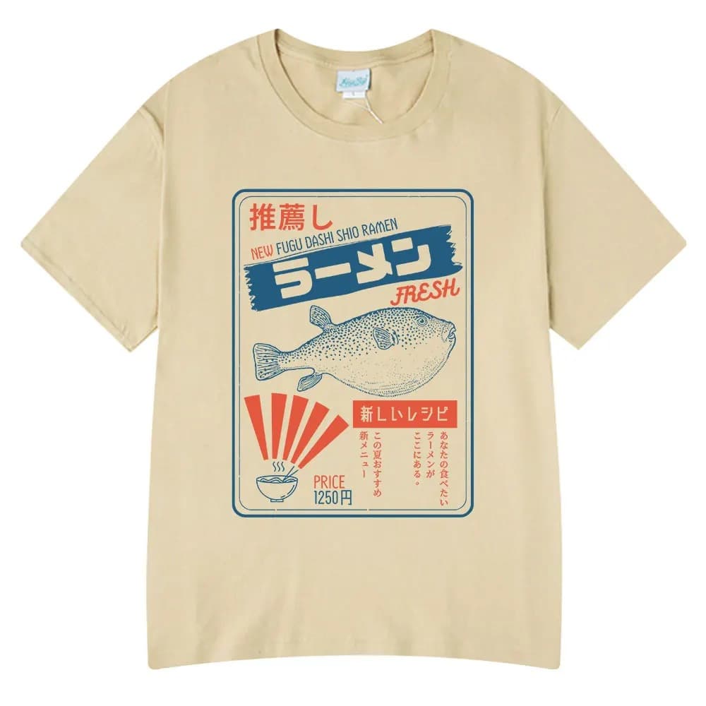 【Cross-Border European Size】Vintage Puffer Fish Ramen T-Shirt Unisex Summer Pure Cotton T-Shirt Fashion Round Neck