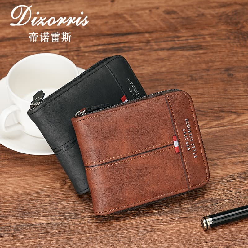 2024 New Cross-Border Men's Wallet Short Horizontal Zipper Tri-Fold Coin Purse Retro Casual Buckle Square Bag