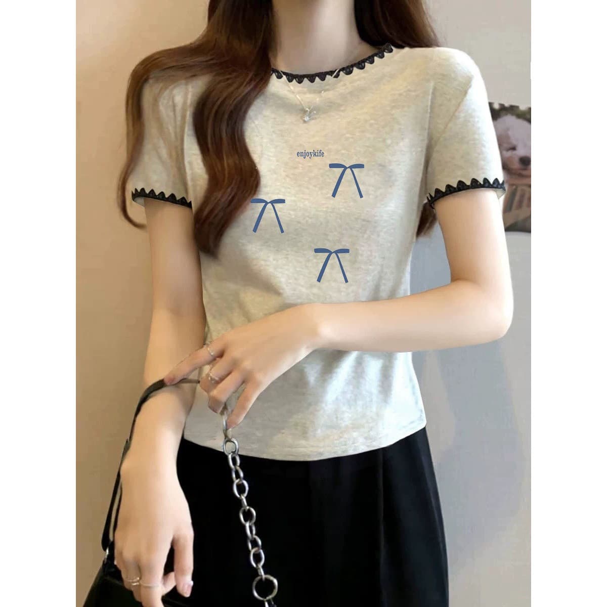 2026 Summer New Cotton Light Gray Short Sleeve T-Shirt Women Classic Versatile Contrast Color Stylish Age-Reducing Top