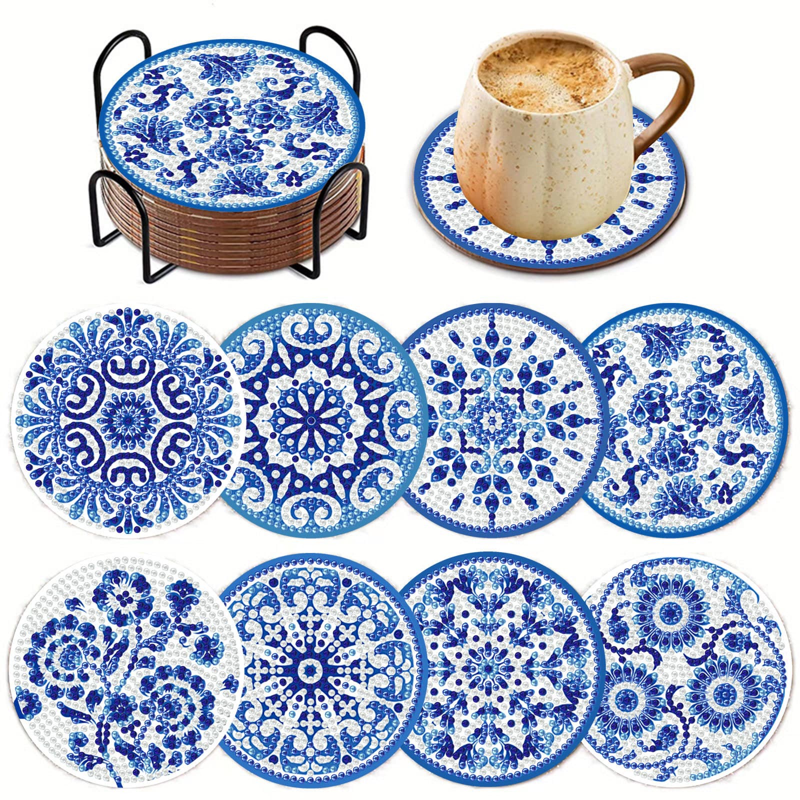 DIY Diamond Painting Coaster, Full Diamond Round Valentine's Day Diamond Art Coaster, Amazon Blue and White Porcelain