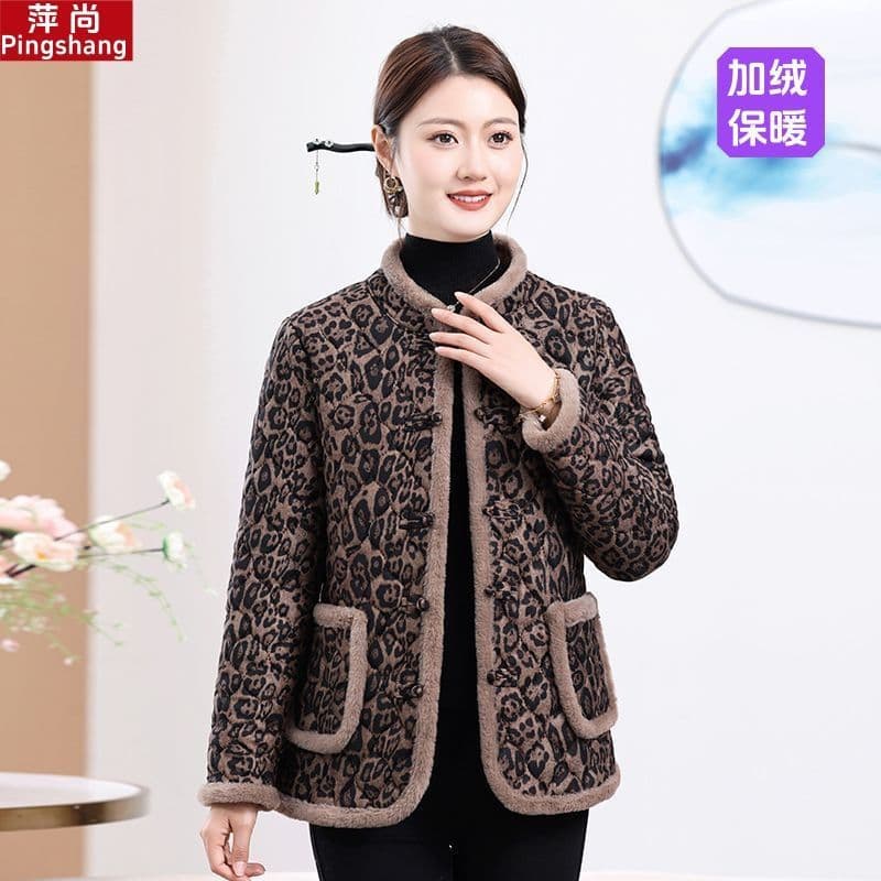 New winter style, thickened fleece-lined cotton-padded coat for middle-aged and elderly women, floral leopard print, warm, button-down jacket.