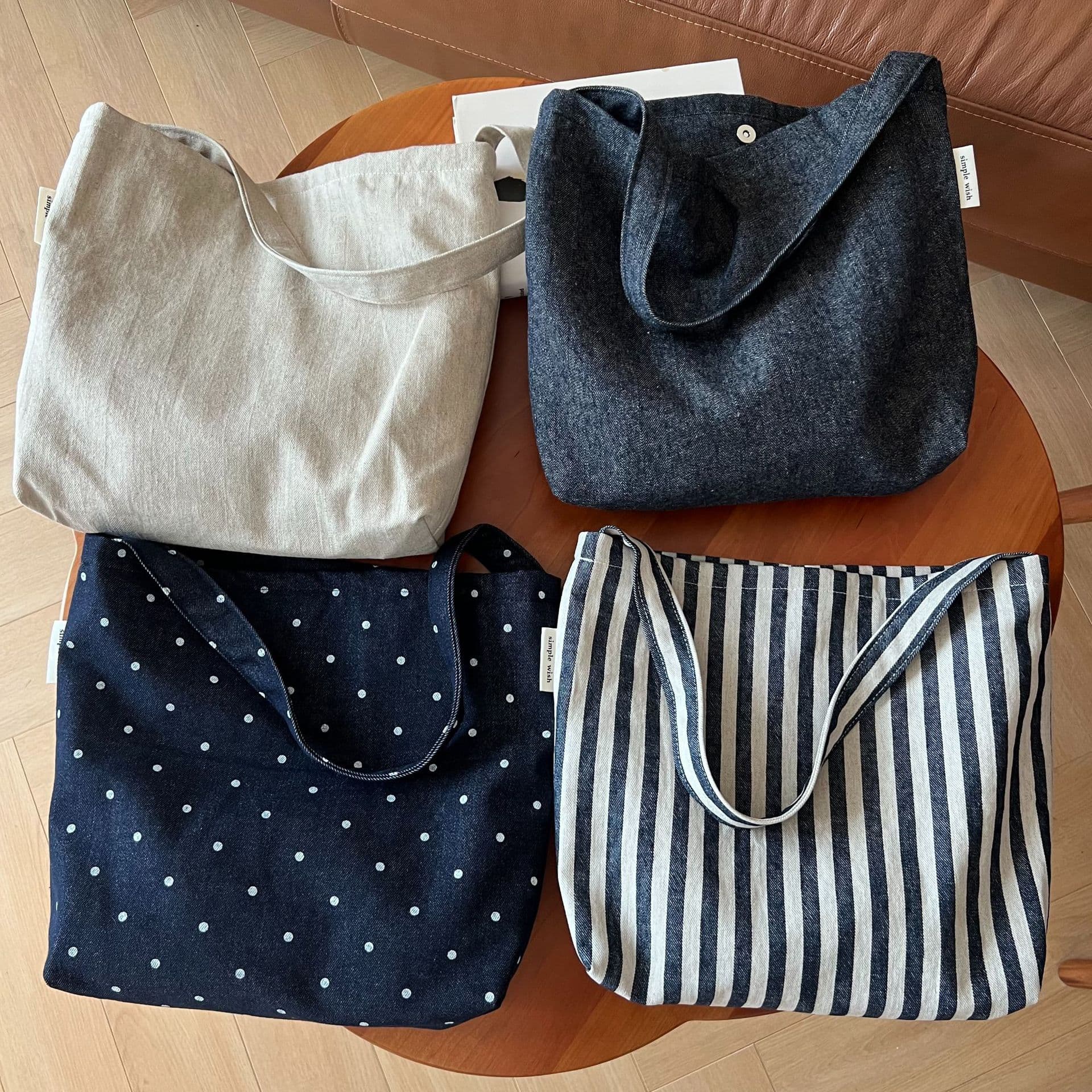 [Soohee Cloth Bag] Striped Polka Dot Pure Color Denim Linen Cotton Shoulder Armpit Bag Women's Shoulder Bag Retro Literary