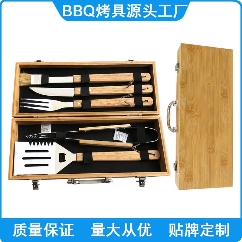 Factory Direct Stainless Steel BBQ Tool Set 5-Piece Bamboo Box Grill Tools Oak Handle BBQ Tools Wooden Box