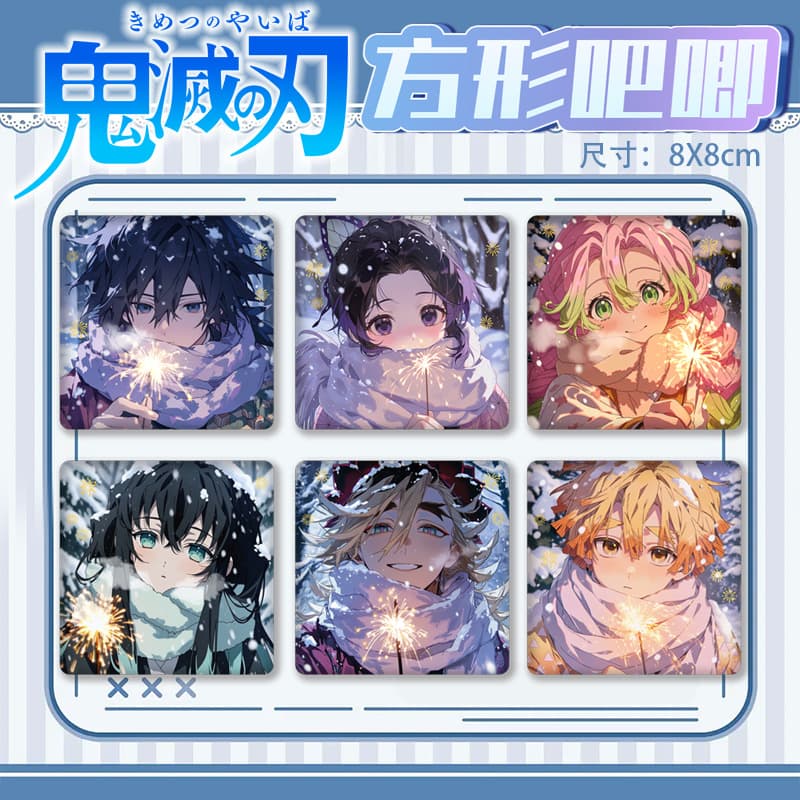 Demon Slayer Large Square Bar Chi Fireworks Series PET Double Flash Badge 8cm Tinplate Millet New Style Badge