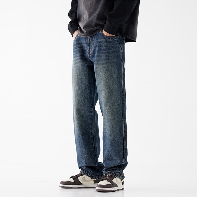 Classic blue jeans men's trendy brand loose straight wide leg large size American retro washed handsome pants autumn and winter