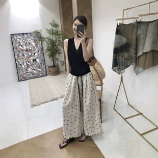 Linen Pants Women 2026 New White Polka Dot Wide-Leg Pants Summer New Ramie Casual Straight-Leg Long Pants