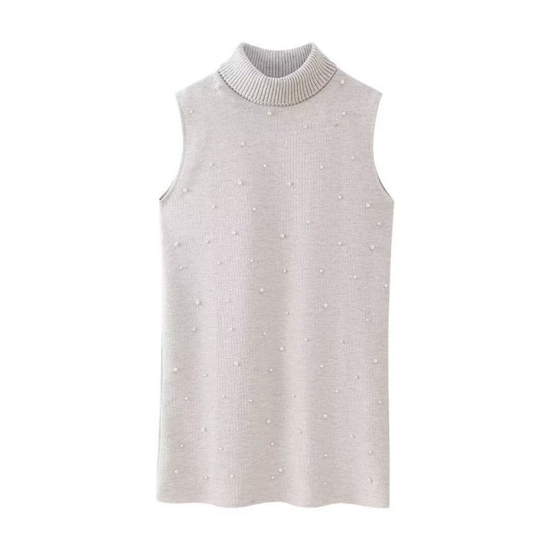 Cross-border 2024 Women's European-American Style Faux Pearl Trim Soft Stretch Slim-Fit Knit High-Neck Sleeveless Short Dress