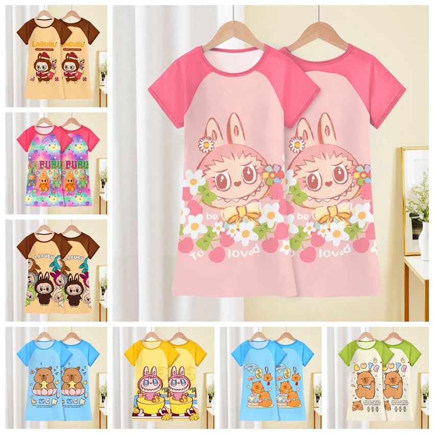 Summer girls' nightgown, thin style, 2025 new style, children's girls' pajamas, short-sleeved, big kids' dress, summer home wear.
