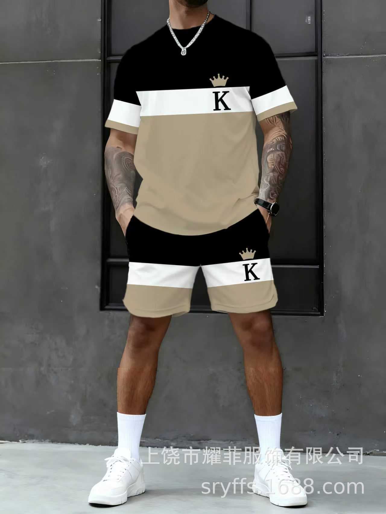 2026 Cross-Border Loose Casual Trendy Letter Street Digital Print Round Neck Short Sleeve and Shorts Set Factory Direct