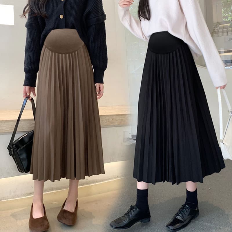 Maternity Long Dress Autumn Winter 2023 Korean Style Pleated Skirt Long Maternity Support Waist Half Skirt Loose Trendy Mom Dress