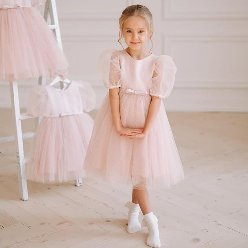 Girls Pink Dress 2026 New Puff Sleeve Princess Sweet Bow Children's Mesh Skirt Cross-Border Wholesale