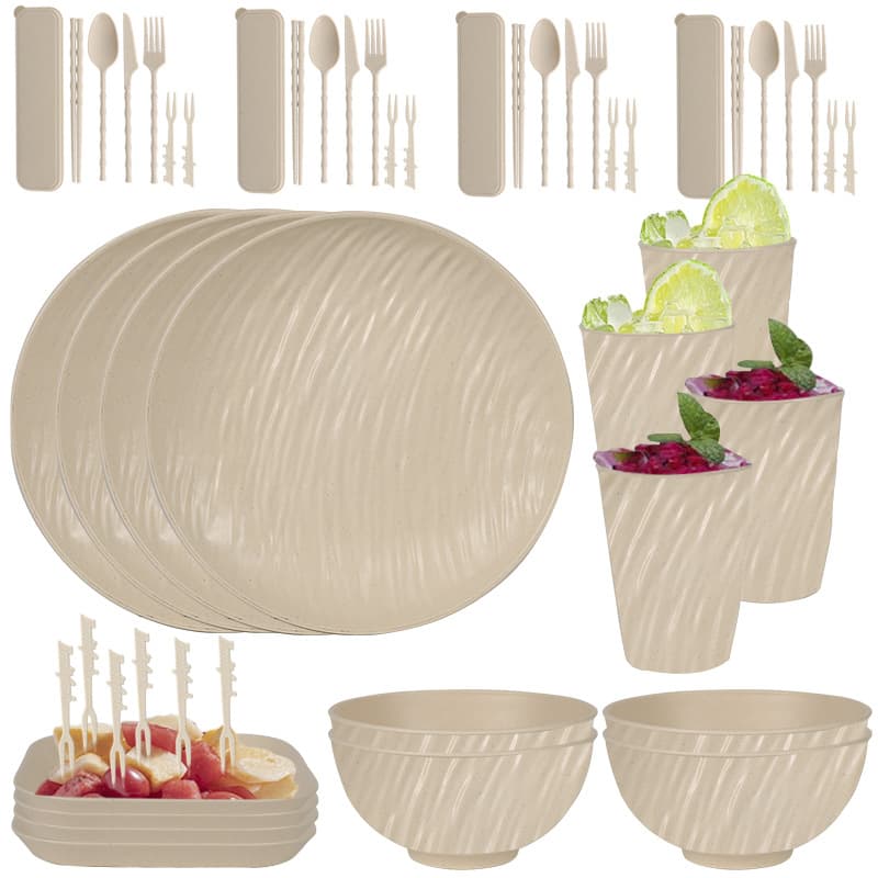 Amazon Creative Mocha Rock Grain Imitation Ceramic Tableware Wheat Straw Plates Bowls Cups Outdoor Dining Set