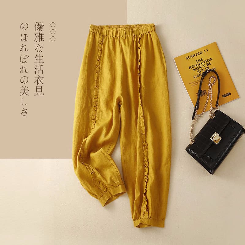 Cross-border fungus hem cotton and linen casual pants 2023 summer elastic waist slimming nine-point harem pants casual and versatile