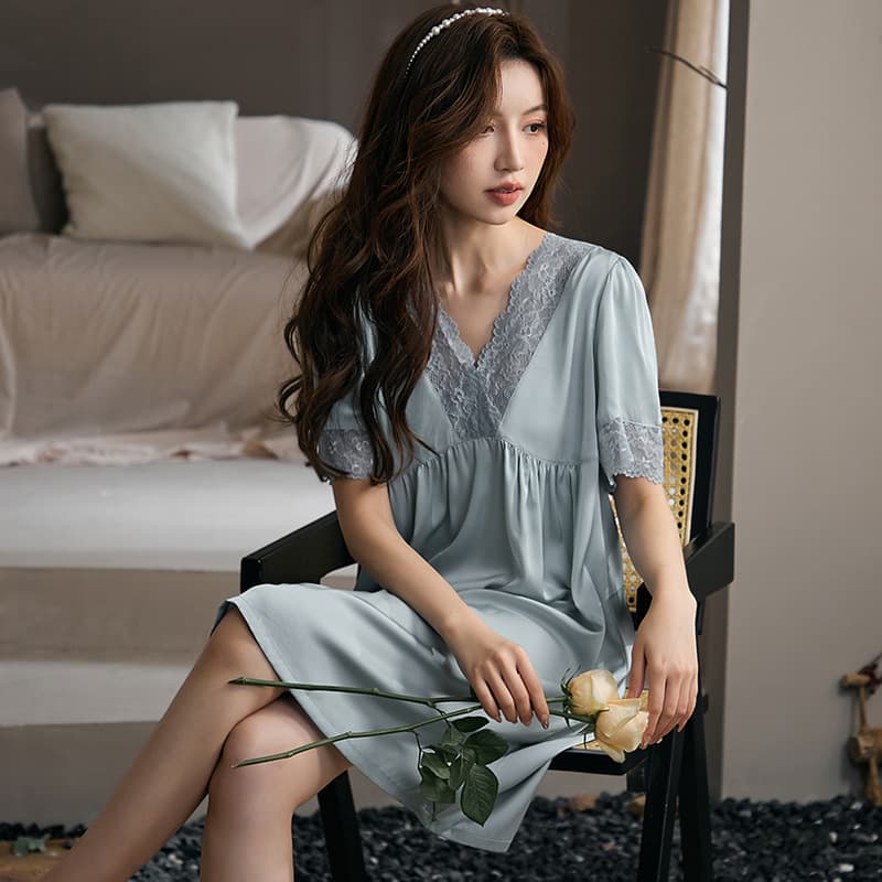 New Strap Nightgown for Women Spring Summer Thin Ice Silk Strap Dress Short Sleeve Loose Plus Size Sexy Sleepwear Loungewear