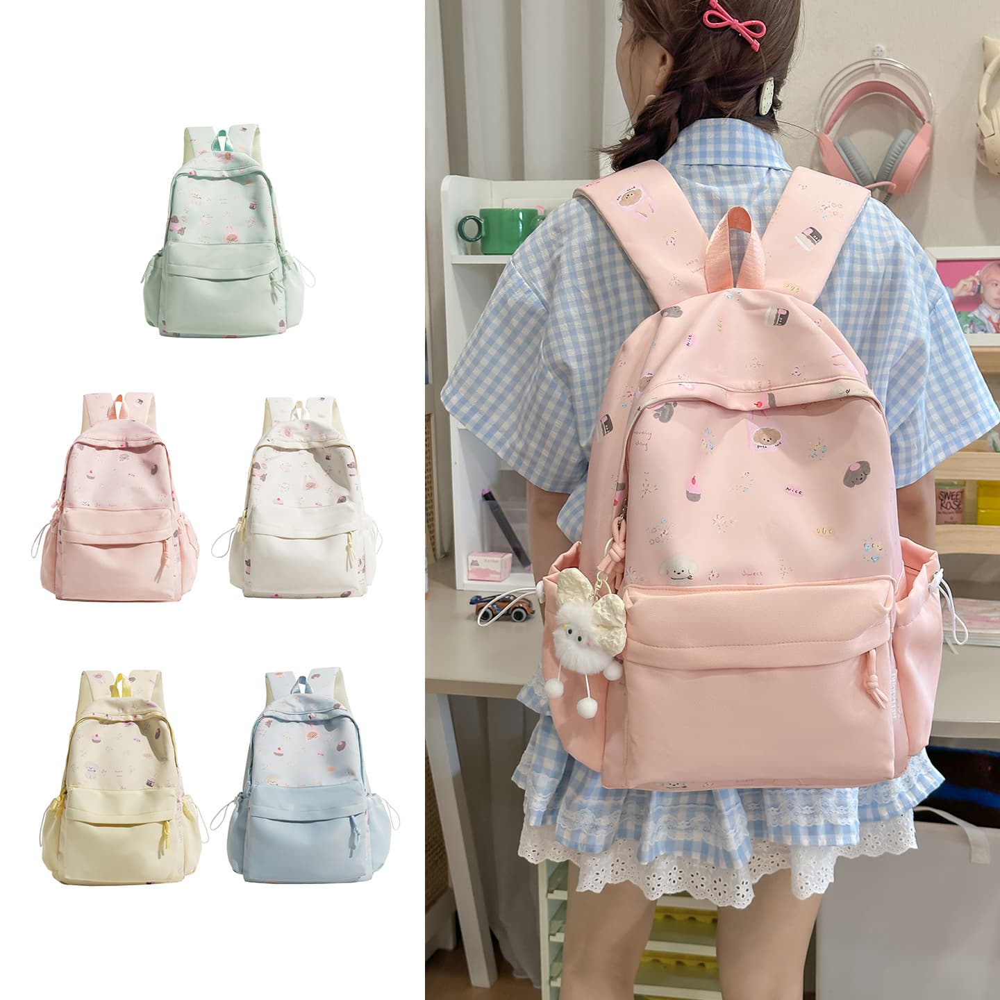 Cute cartoon backpack for primary school girls, large-capacity lightweight junior high school college student commuting travel backpack