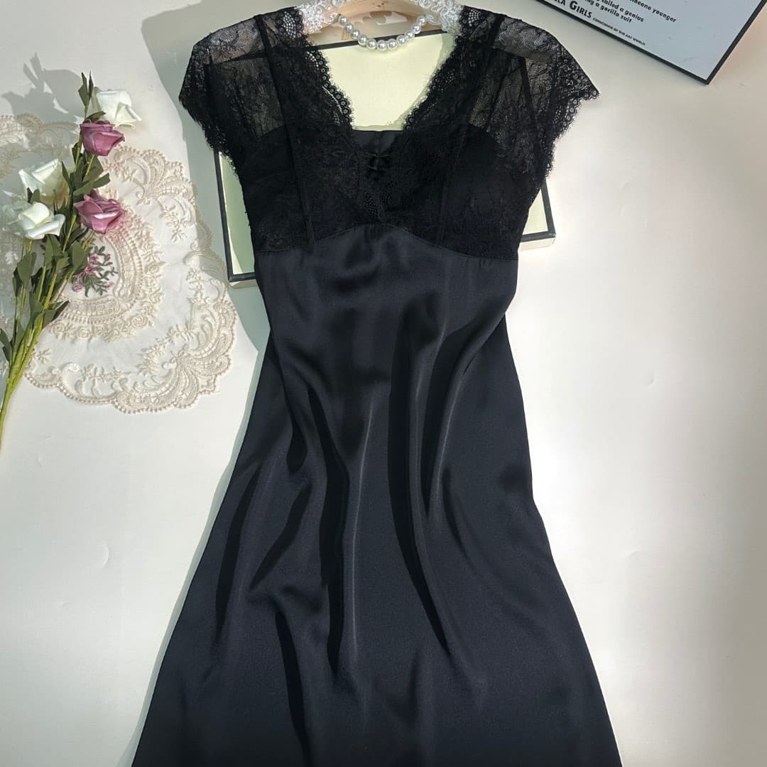 Deep V-Neck Silk Lace Camisole Nightgown Women Sexy Sleepwear Homewear Summer Thin Premium Short Dress