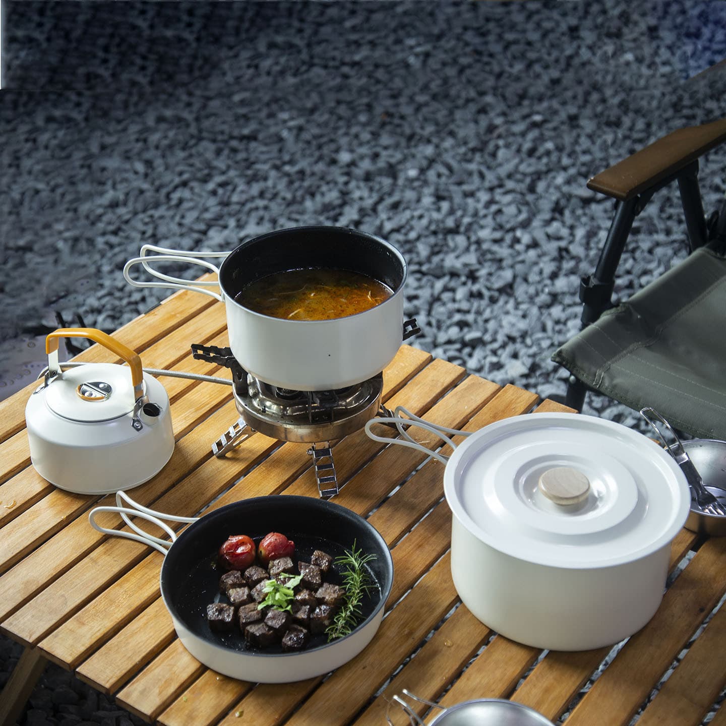 Outdoor Pot Set Camping Cookware Full Kit with Kettle Cream White Ceramic Pot Set