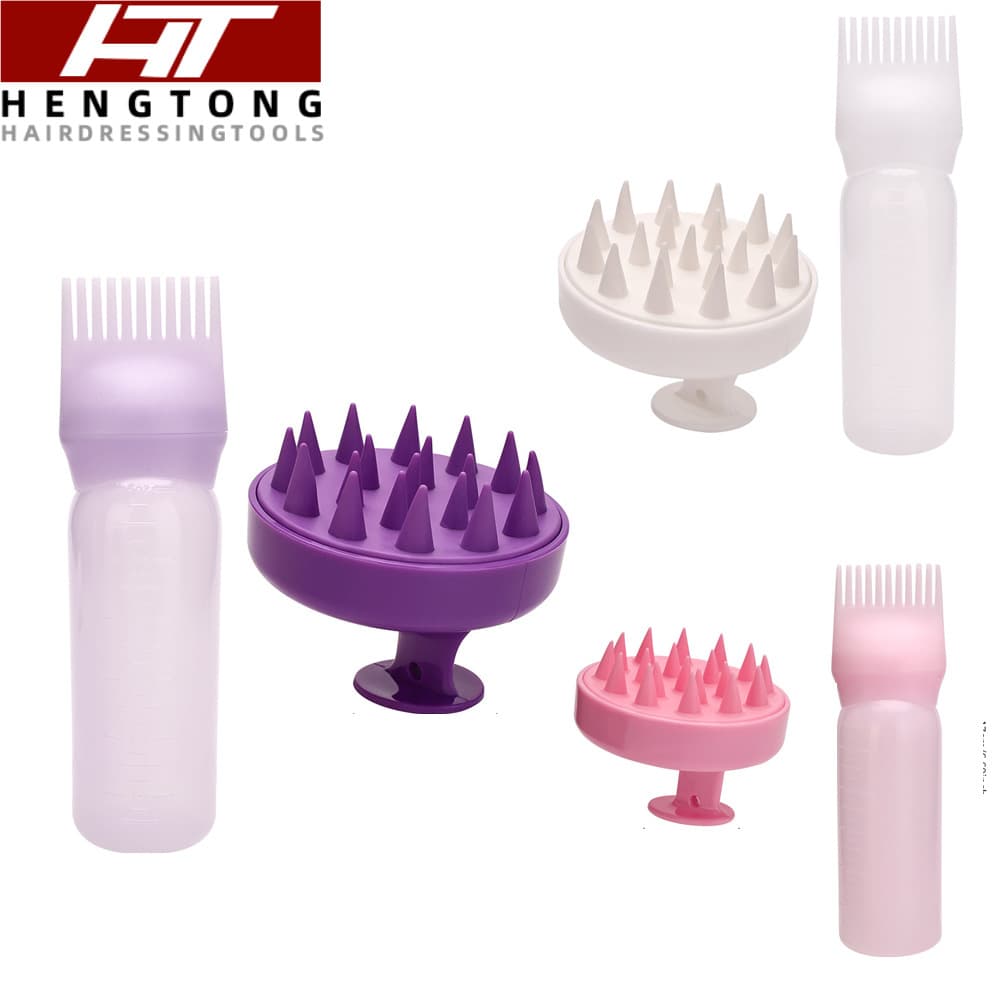 Cross-border shampoo bottle, shampoo and massage brush, two-piece set with graduated potion bottle, perm and dye bottle, shampoo and comb combination set