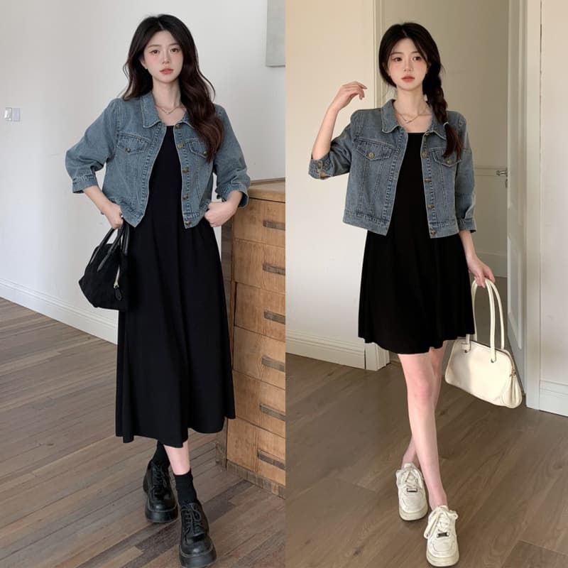 6351+6345 - Plus Size Women's Spring Denim Jacket + Vest Dress Two-Piece Set (Short Style)