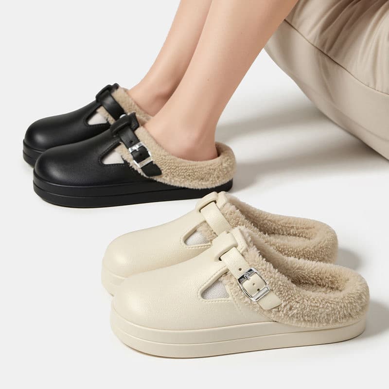 Women's Thick-Soled Fleece-Lined Birkenstock-Style House Slippers, Mules, Warm Shoes, Postpartum Shoes, Closed-Toe Slides