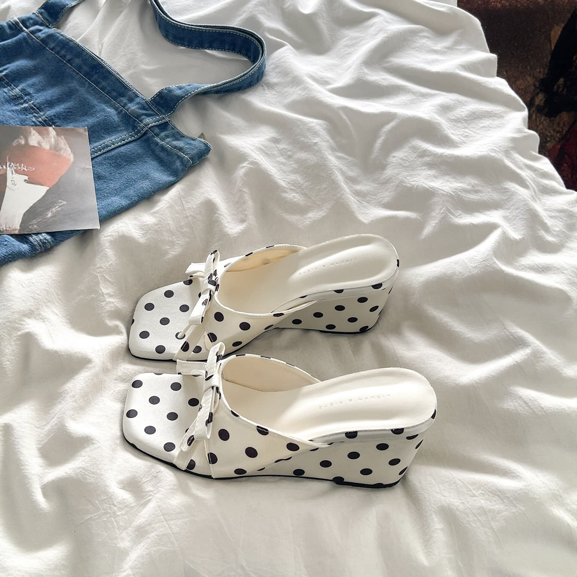 2026 New Polka Dot French-Style Wedge Sandals for Women, Summer Square-Toe Bowknot Single-Strap High-Heeled Slippers, Versatile for Outdoor Wear