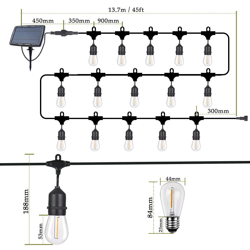 New S14 Light Bulb Solar Outdoor Waterproof Light String Indoor and Outdoor Function S14 Solar Light String 15 Light Warm White