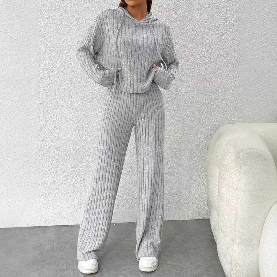European and American Fall/Winter 2026 Cross-Border Casual Knit Long-Sleeve Set for Women, Export Hoodie with Loose-Fit Pants Set