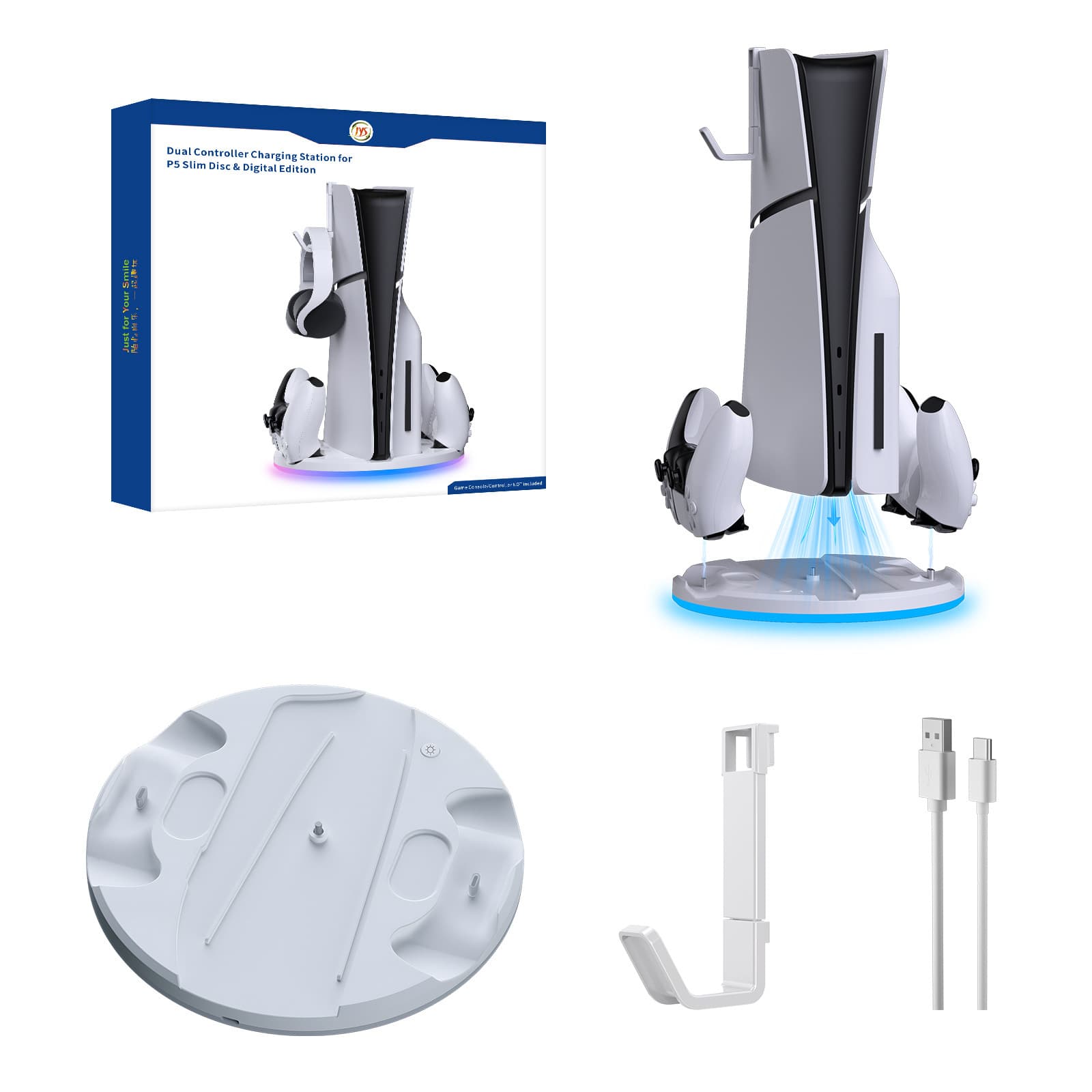 PS5 Slim Console Storage Stand with Controller Charging Dock, RGB Lights, Type-C Charging Cable, Gaming Accessories