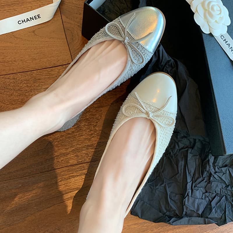 111-3 Huidong Yixinda Sweet Round Toe Lambskin Flats Bow Stitching Shallow Mouth Ballet Shoes for Women