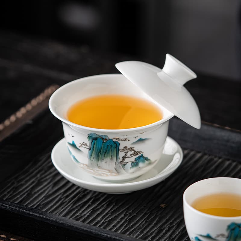 Mutton Fat Jade Three-Tier Lid Bowl with Hovering Lid, Personal Tea Bowl, Anti-Scald, High-End White Porcelain Tea Bowl