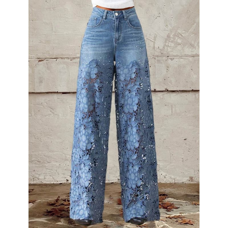 Factory Direct Hot-Selling 3D Digital Print Faux Denim Women's Wide-Leg Pants Women's Flared Slim Fit Long Pants Versatile