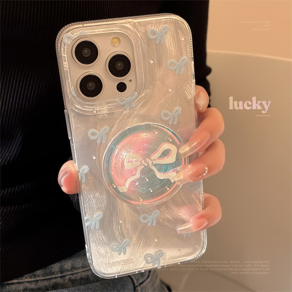 Blue Bow Phone Case Compatible with Apple 17 Pro Max Laser Stand iPhone 16 Shockproof 15 Hard Niche
