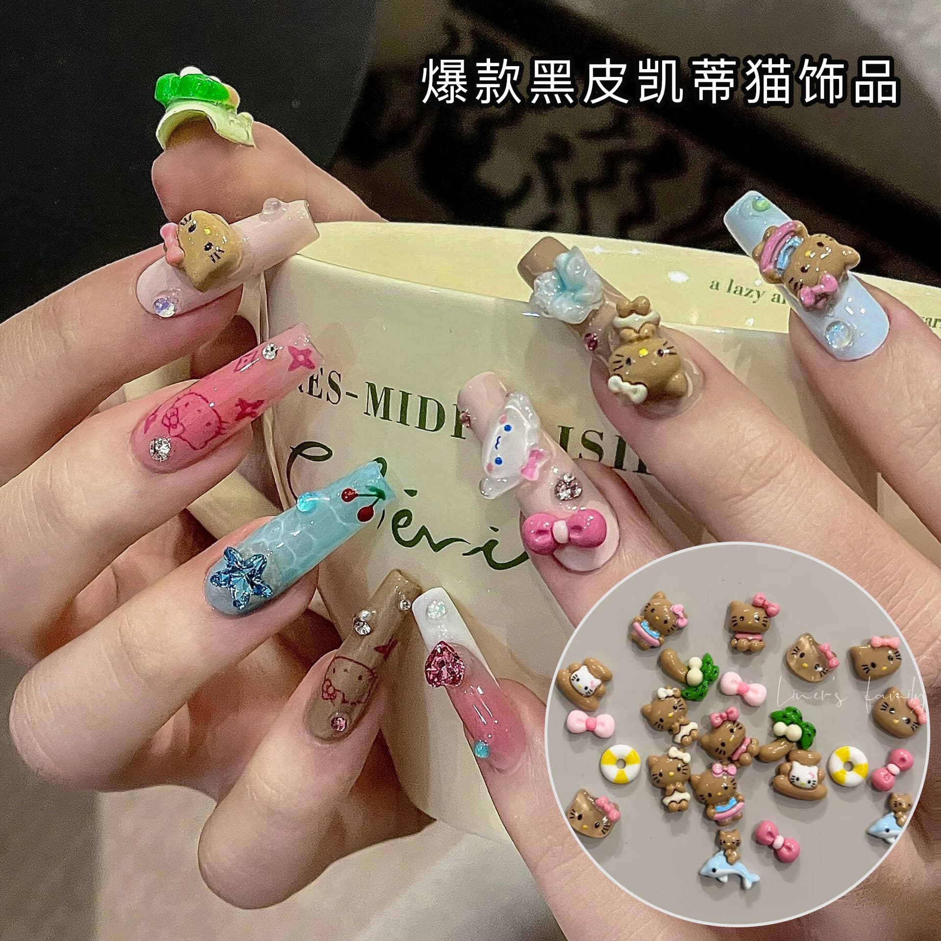 Hawaiian Black Skin Kitty Cat Nail Art Decorations, Coconut Tree, Swim Ring, Dolphin, Viral Wearable Nail Art Accessories Tools