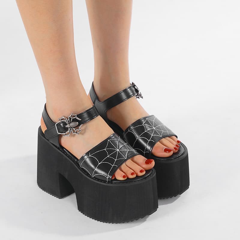 Summer Gothic Thick Sole Thick Heel Sandals Women's Embroidered Spider Web Buckle Waterproof Fish Mouth Women's Shoes Cosplay