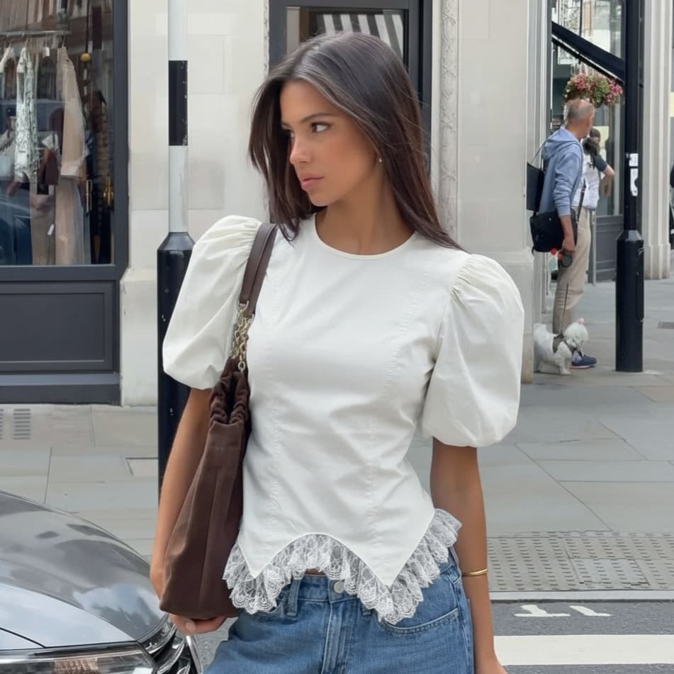European and American design waist-defining irregular hem lace patchwork puff sleeve white short-sleeve blouse for women commuter top