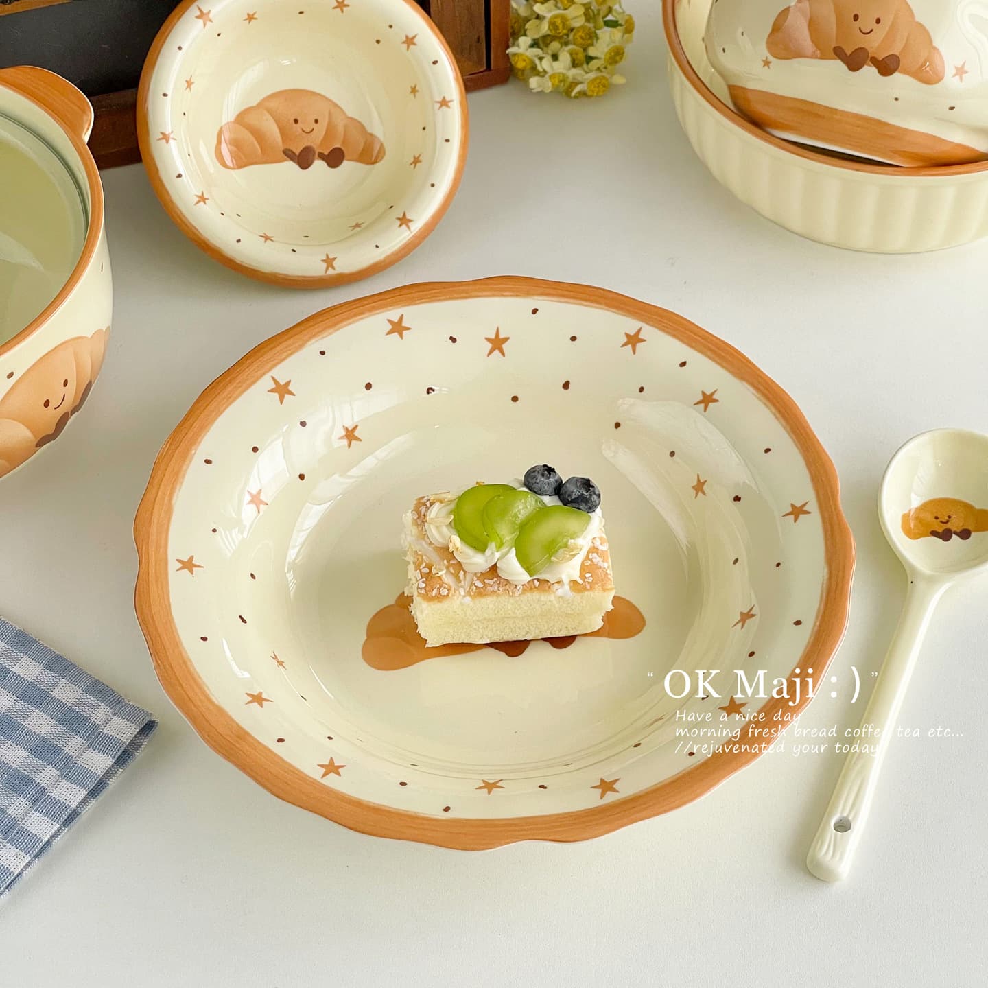 Cute Ceramic Plate for One, Ins Style Afternoon Tea Dessert Plate, High Appearance Breakfast Plate, Household Rice Bowl