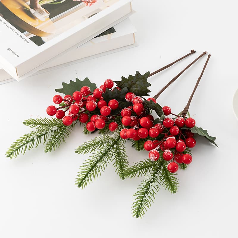 Cross-border Christmas Decoration Artificial Pine Grass Red Berries Single Stem Fortune Berry Small Berries Chinese New Year Flower Christmas Floral Material Red Berries
