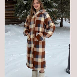 Winter Hooded Warm Coat Women Long Thickened Polar Fleece Wearable Out Multi-Color Plaid Great for Home in Winter