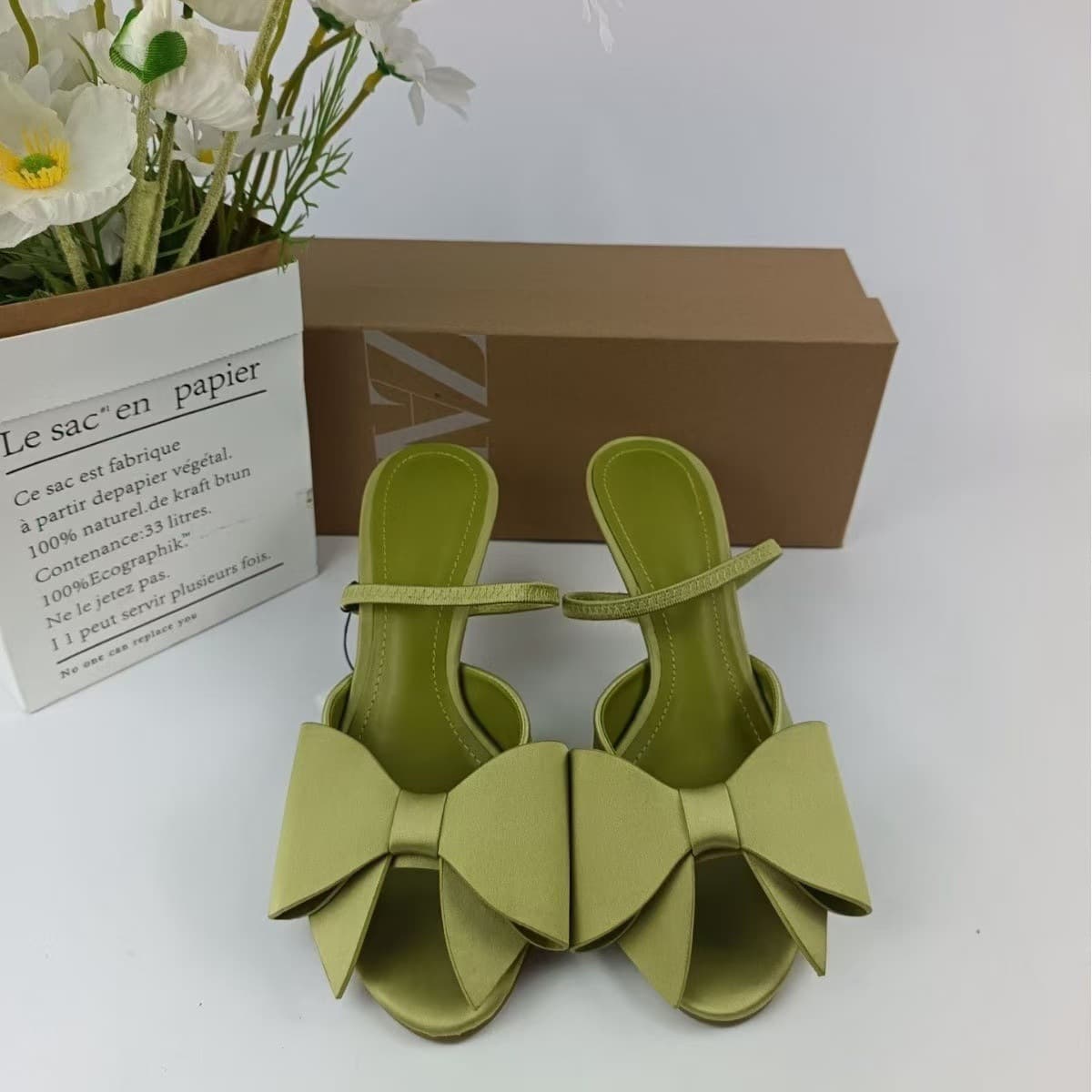 ZA2025 Summer New Silk Satin Texture Bow Decoration Mule High Heels Pointed Toe One-Strap Sandals Women