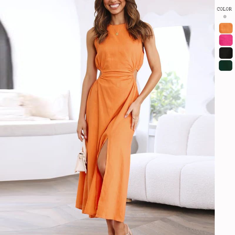 2026 European and American cross-border foreign trade dress sexy round neck solid color temperament hip-hugging slit women's skirt sexy style