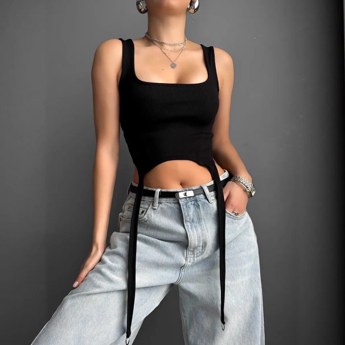 European and American Fashion Solid Color Square Neck Irregular Ribbon Vest Crop Top Sexy Fitted High Street Women's Top