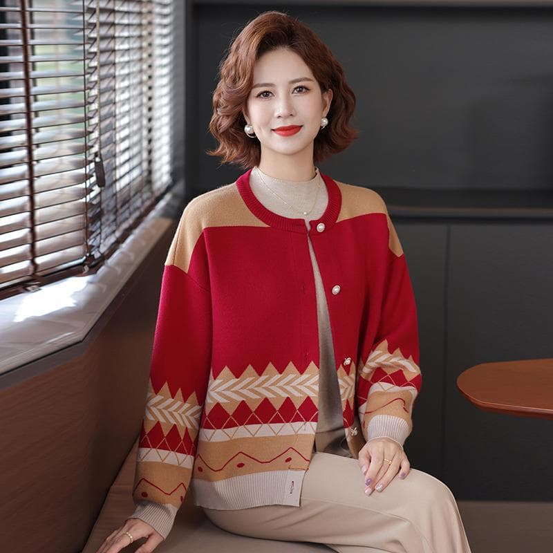 Elegant Mom Autumn Knitted Cardigan Top 2025 New Mid-Age and Elderly Women Fashionable High-End Round Neck Sweater Coat