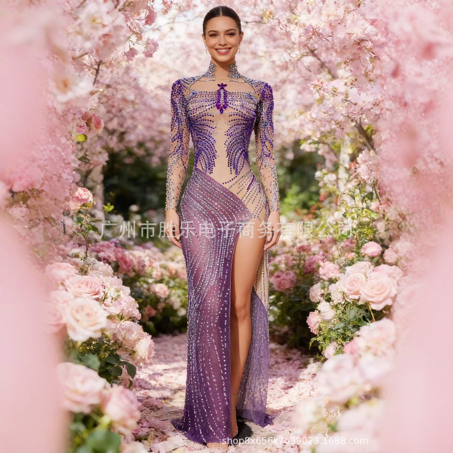 2026 new European and American style heavy industry diamond-encrusted long-sleeved evening dress slimming high slit stage performance dress
